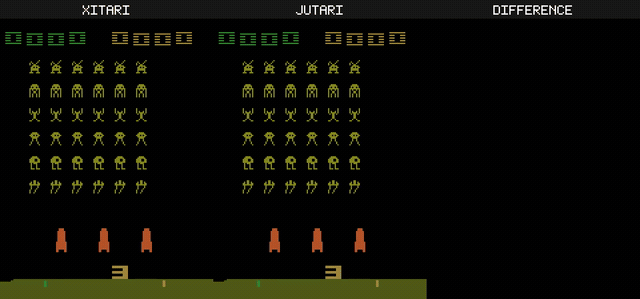 Space Invaders: xitari vs jutari vs pixel difference